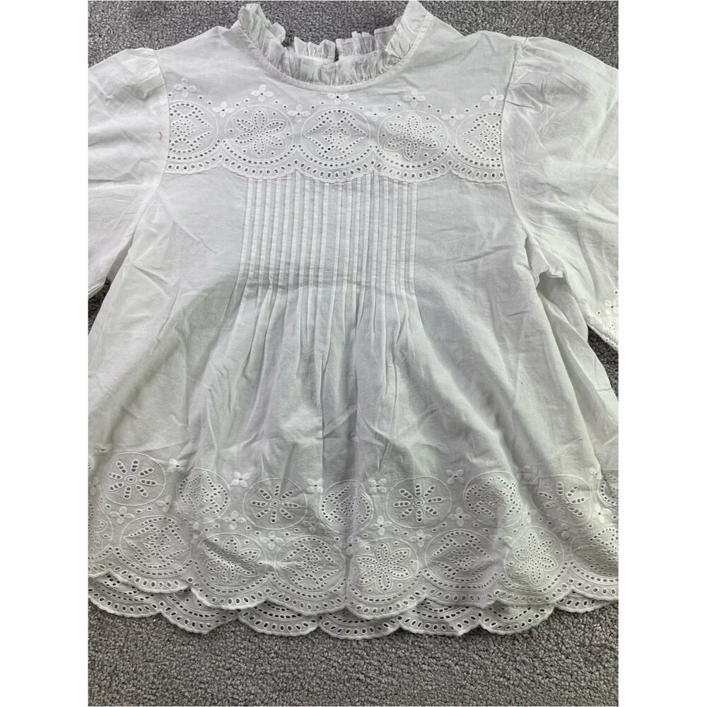 Madewell Embroidered Pintuck High-Neck Top Women’s Medium White Short Sleeve - Picture 5 of 9